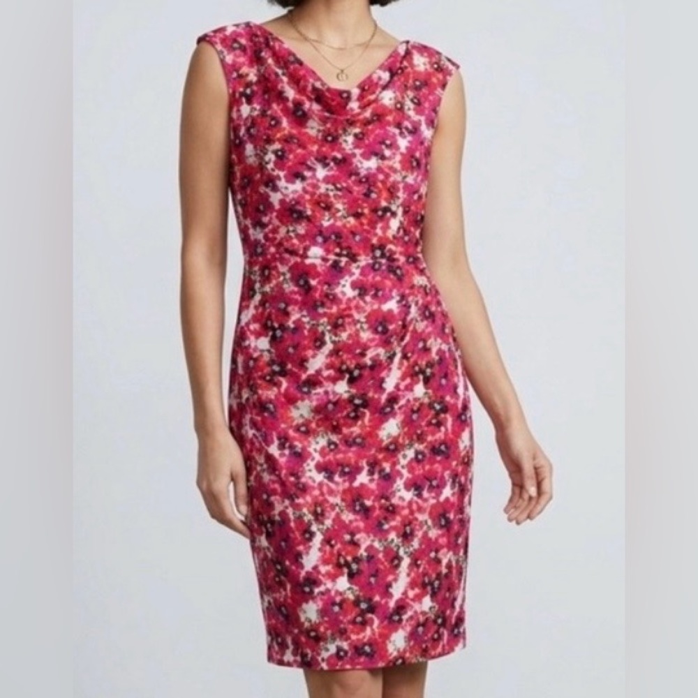 ANN TAYLOR Red Poppies Floral Sleeveless Lined Sheath Drape Neck Dress Size 4